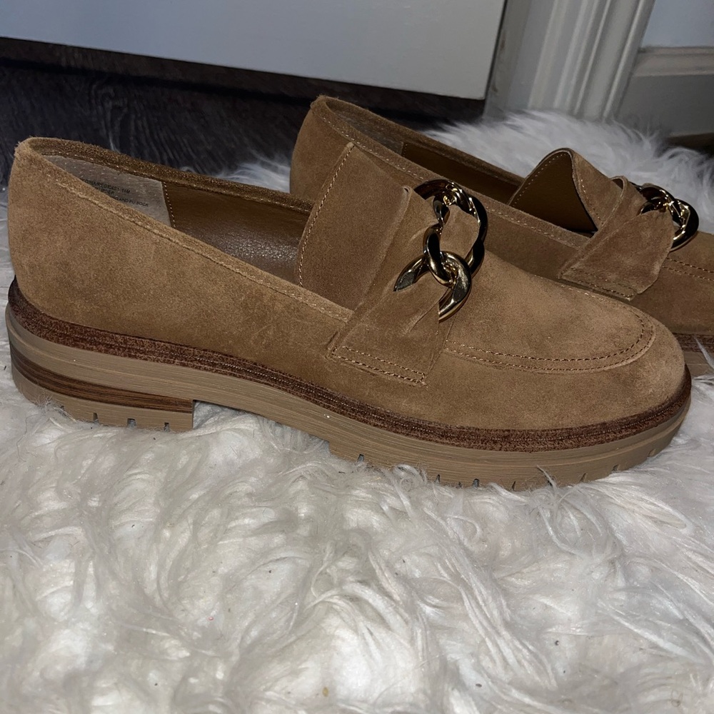 Steve Madden Regina Tan Suede Loafers with Gold Accent